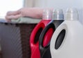 Closeup shot of cleaning products in plastic containers for house clean Royalty Free Stock Photo