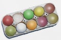 Colorful Easter eggs in the tray Royalty Free Stock Photo