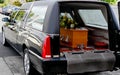 Shot of a colorful casket in a hearse or chapel before funeral or burial at cemetery Royalty Free Stock Photo