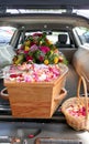 Colorful casket in a hearse or chapel before funeral or burial at cemetery