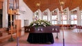 A colorful casket in a hearse or chapel before funeral or burial at cemetery