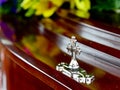 Closeup shot of a colorful casket in a hearse or chapel before funeral or burial at cemetery Royalty Free Stock Photo