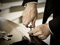 Closeup shot of a colorful casket in a hearse or chapel before funeral or burial at cemetery Royalty Free Stock Photo