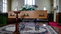 Closeup shot of a colorful casket in a hearse or chapel before funeral or burial at cemetery Royalty Free Stock Photo