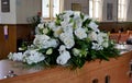 Closeup shot of a colorful casket in a hearse or chapel before funeral or burial at cemetery Royalty Free Stock Photo