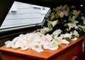 Closeup shot of a colorful casket in a hearse or chapel before funeral or burial at cemetery Royalty Free Stock Photo
