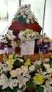 Closeup shot of a colorful casket in a hearse or chapel before funeral or burial at cemetery