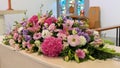 A colorful casket in a hearse or chapel before funeral or burial at cemetery