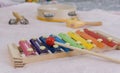 Closeup shot of colorful musical instruments for children for early stimulation Royalty Free Stock Photo