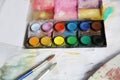 Closeup shot of a colorful painting kit and some brushes Royalty Free Stock Photo