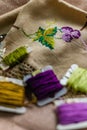 Closeup shot of colorful yarn rolls on a piece of fabric with cross-stitch art of purple grapes Royalty Free Stock Photo