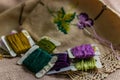 Closeup shot of colorful yarn rolls on a piece of fabric with cross-stitch art of purple grapes Royalty Free Stock Photo