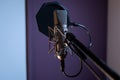 Closeup shot of a condenser microphone with a pop filter and a blurred background Royalty Free Stock Photo