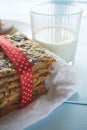 Closeup shot of cookies and milk glass