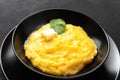 A closeup shot of cooking polenta, typical, traditional, Italian food made with cornmeal and water