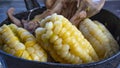 Closeup shot of corn and cuy meat cooking in a pot Royalty Free Stock Photo
