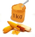 Closeup shot of corns with a sack of 1 kg corn flour isolated on a white background