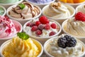 Closeup Shot Of Creamy Ice Cream Containers In Various Flavors With Fresh Fruit Toppings A Refreshing Summer Dessert