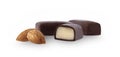 Closeup shot of cut marzipan chocolate on white background. Marzipan candy