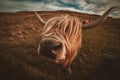 Closeup shot of a cute funny furry highland cattle in a meadow