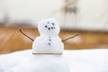 Closeup shot of a cute small snowman with rock eyes, buttons and twig arms