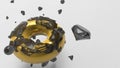 Closeup shot of a 3D rendering of a golden doughnut with black diamonds on it