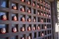 Closeup shot of Darumas or red-painted good luck dolls on small shelves