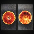 Sliced grapefruit photos next to each other with one full slice and one completely empty Royalty Free Stock Photo