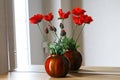 Closeup shot of decorative red poppies stand on a shelf with a mirror