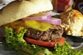 Closeup shot of a delicious and appetizing cheeseburger with tomatoes , pickles, onions and lettuce