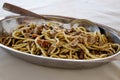 Closeup shot of a delicious bowl of spaghetti alla chitarra with fresh truffle and mushrooms Royalty Free Stock Photo