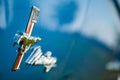Closeup shot of details on the exterior of a vintage blue Ford Mustang sports car