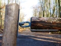 Closeup shot of details of a wooden barrier with metal connections