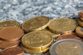 Closeup shot of different euro coins on a table Royalty Free Stock Photo