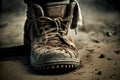 A closeup shot of a dirty hiking boot on a dark blurred background with dust generative ai Royalty Free Stock Photo