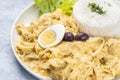 Closeup shot of a dish with chicken salad, rice and half of an egg Royalty Free Stock Photo