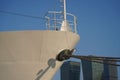 Closeup shot of a docked ship and a seabird standing on the side of the ship