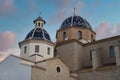 Closeup shot of the domes on the Spanish church. Beautiful architecture in Altea Spain under the sky