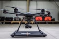 closeup shot of a drone and its controller inside a hangar