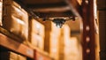 A closeup shot of a drones sensor reading barcodes off various products stacked on a shelf with bright warehouse