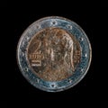 Closeup shot of 2 euro Austria coin with Bertha von Suttner isolated on the black background