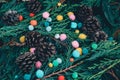 Closeup shot of evergreen tree branches and pinecones with small colorful pompoms