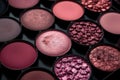 Closeup shot of eyeshadow, cosmetics, makeup. Professional eyeshadow palette macro shot. Eye shadow collection, make up theme. AI