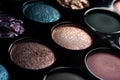 Closeup shot of eyeshadow, cosmetics, makeup. Professional eyeshadow palette macro shot. Eye shadow collection, make up theme. AI