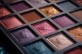 Closeup shot of eyeshadow, cosmetics, makeup. Professional eyeshadow palette macro shot. Eye shadow collection, make up theme. AI Royalty Free Stock Photo