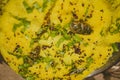 Closeup shot of famous Indian homemade Gujarati dish khaman dhokla garnished by green chili coriander and mustard seeds