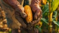 Closeup shot of a farmers calloused hands gently holding a freshly picked ear of corn. The vibrant colors of the harvest