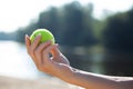 Closeup shot of female hand holding tennis ball. Copy space Royalty Free Stock Photo