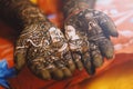 Closeup shot of female hands with mehndi tattoo, one of the rituals of the Indian weddings Royalty Free Stock Photo