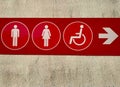 Closeup shot of a female, male, and wheelchair accessible toilet direction sign